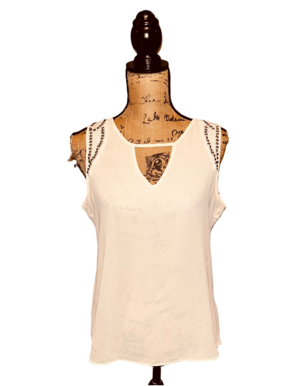 Women's Andree Beige Tank Top with Studded Sequin Shoulders Size M
